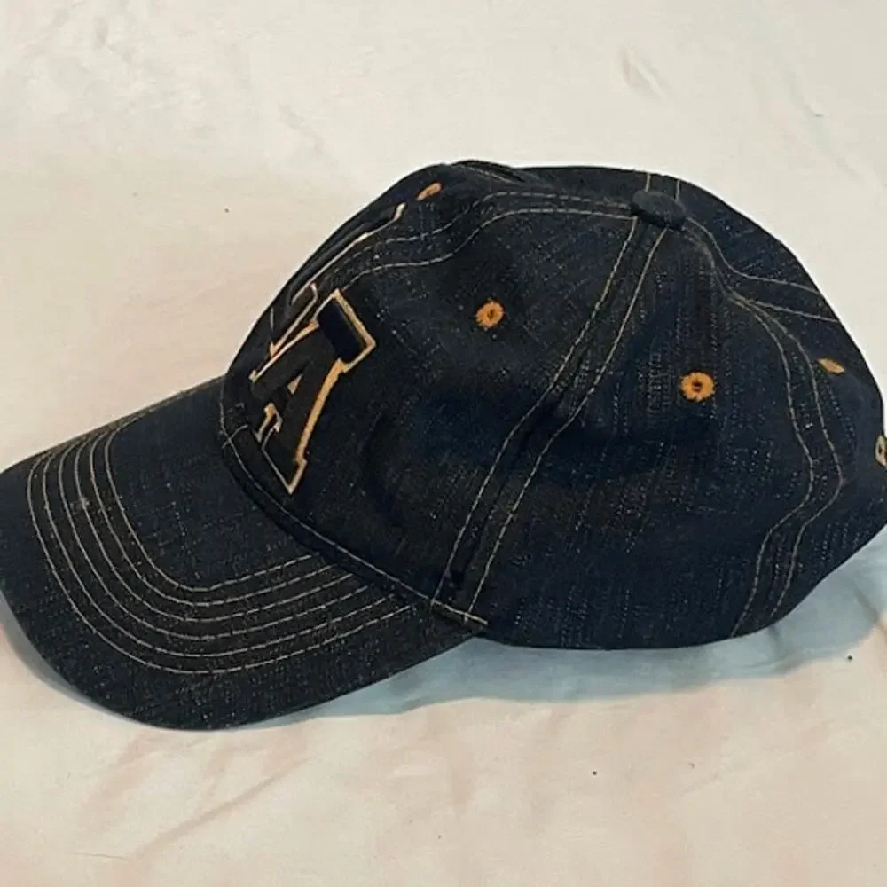 LA Los Angeles Denim Baseball Hat Cap Blue Dark Wash Distressed Gold Stitch